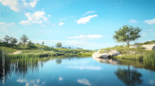 A serene pond reflecting the clear blue sky in eden. Edenic. Illustration
