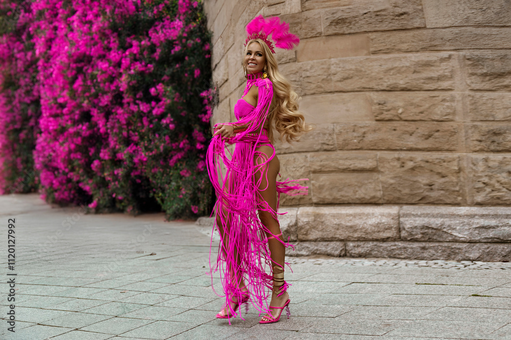 Sexy female model with long legs in sexy pink macrame dress sensually walks around the city. Sexy female model with long legs in sexy pink macrame dress sensually walks around the city.