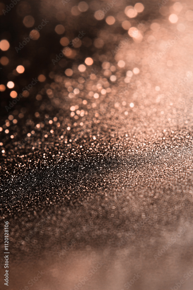 Christmas brown and gold luxury abstract bokeh background. Blurred glitter lights and sparkles. Magic festive backdrop for holiday, birthday, New Year, Christmas. Mocha mousse - color 2025