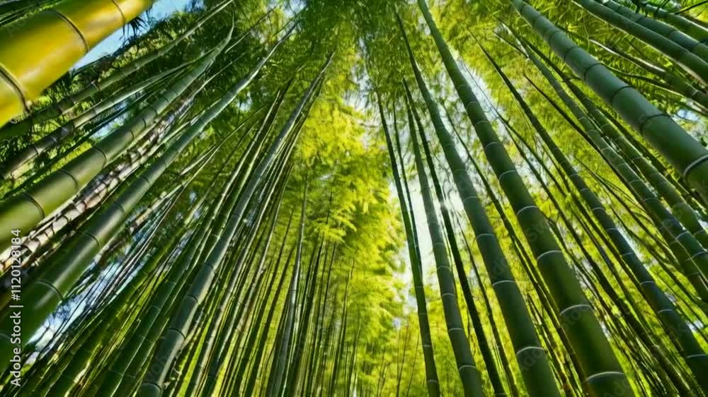 A serene view of tall bamboo stalks reaching towards the sky in a lush green forest. A serene view of tall bamboo stalks reaching towards the sky in a lush green forest.
