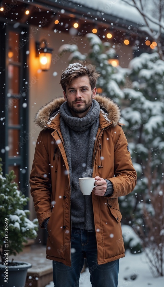 Young man in warm winter coat holding a cup of coffee standing in snowfall outside cabin Young man in warm winter coat holding a cup of coffee standing in snowfall outside cabin