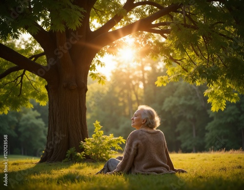 Elderly woman enjoying peaceful moment under a tree during sunset in a park