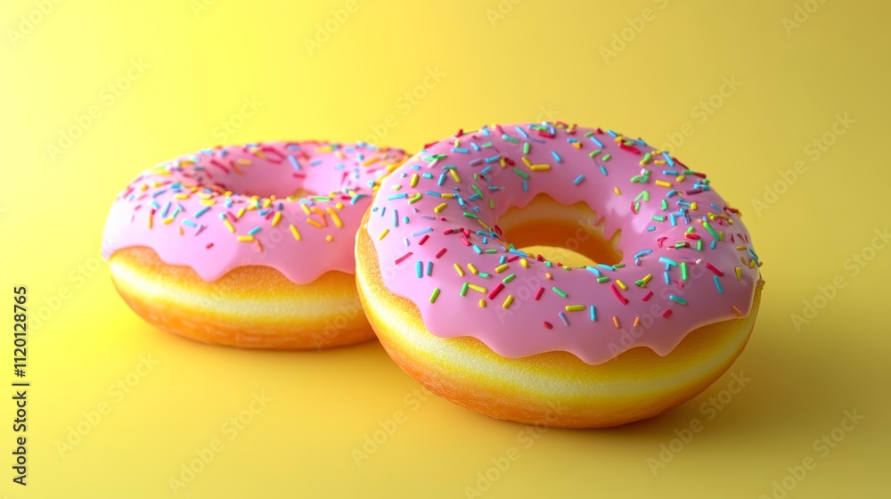 Two colorful donuts with pink icing and sprinkles on a bright yellow background create a cheerful and inviting image, perfect for food blogs, dessert menus, or advertising sweet treats, Two colorful donuts with pink icing and sprinkles on a bright yellow background create a cheerful and inviting image, perfect for food blogs, dessert menus, or advertising sweet treats,
