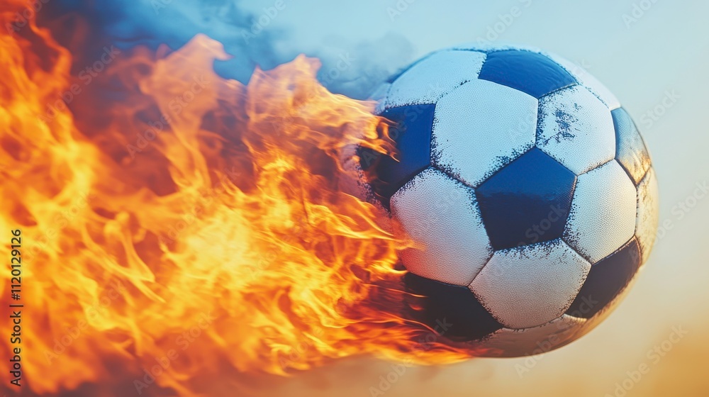 Naklejka premium A dynamic image of a soccer ball engulfed in flames, symbolizing energy and intensity, perfect for sports marketing, promotional content, or dynamic visual storytelling in various media,