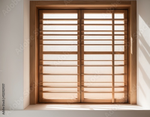 Una delicada ventana de madera sobre un fondo blanco sereno, con una luz suave y cálida