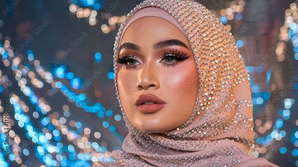 Glamorous CloseUp A Muslim model with a sparkling hijab and bold makeup her face glowing under studio lights Photography copyspace Tilted Lens for Creative Effect Tilt the lens to introduce some uniq Glamorous CloseUp A Muslim model with a sparkling hijab and bold makeup her face glowing under studio lights Photography copyspace Tilted Lens for Creative Effect Tilt the lens to introduce some uniq