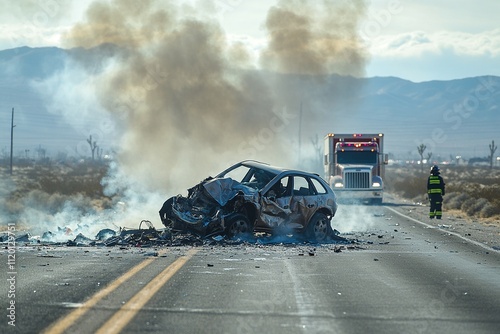 A photojournalistic image depicting the aftermath of a crash involving a car and a truck. The scene highlights the severity of the impact and the resulting damage to both vehicles.

 photo