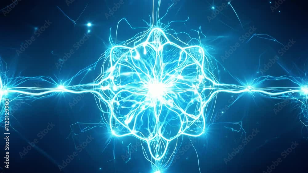 Glowing neural network with dynamic electrical pulses traveling along synapses in vivid blue and white hues. The bright light and complex network evoke technology, science, and innovation in a visuall