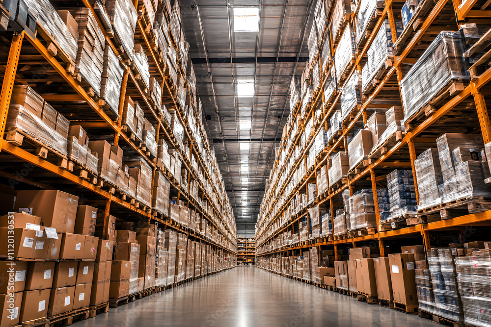 Fototapeta premium Vast Distribution Warehouse with Sky-High Shelves