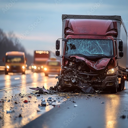 A photojournalistic image depicting the aftermath of a crash involving a car and a truck. The scene highlights the severity of the impact and the resulting damage to both vehicles.

 photo