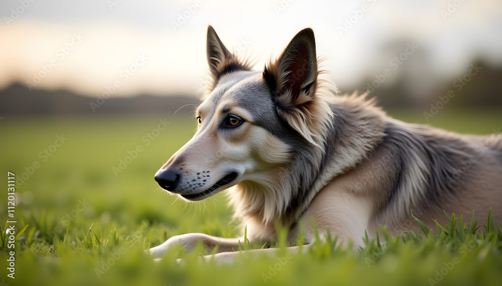 Irish Wolfhound portrait lying on soft grass and gazing into the distance Irish Wolfhound portrait lying on soft grass and gazing into the distance