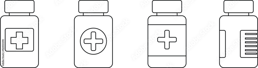 Obraz premium Medical pills bottle icon set. line and glyph version, outline filled vector sign. Medicine capsule vitamins and minerals pill linear pictogram. Symbol, logo . isolated on transparent background.