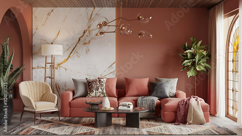 interior design mockup Bohemian Rhapsody Warm terracotta and ochre tones layered textiles eclectic objects a vibrant freespirited feeling Marble Luxe Soft white silver gold charcoal Stained Glass photo
