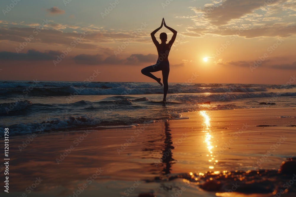 silhouette of woman practicing yoga on the beach at sunset silhouette of woman practicing yoga on the beach at sunset