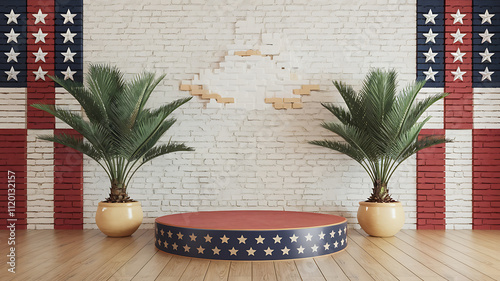interior design mockup 3D rendering of a whitewashed brick wall with a round podium and potted palms Vintage Americana Red navy cream gold Pixel Art