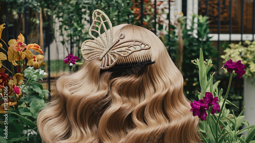 Beauty A butterflyshaped hairbrush made of shimmering gold gently brushing through a silky mane in a luxurious garden Photography copyspace Telephoto Lens A telephoto lens typically 85mm to 200mm all