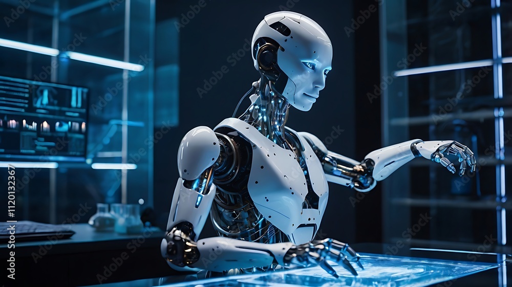 Advanced AI Research Lab: Robots & Data Streams in Futuristic Technology Advanced AI Research Lab: Robots & Data Streams in Futuristic Technology