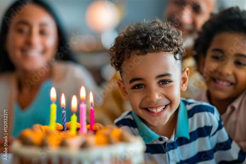 AI-generated photo of a smiling Arab boy with cake at birthday party.  Close up portrait