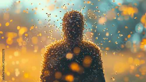 Silhouette of Person Surrounded by Swarm of Bees 