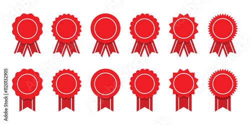 Set of champion award medals with ribbons. Set premium quality badges with ribbons. Approved stamp or medal.