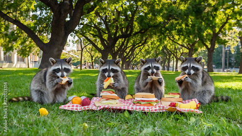 A family of raccoons having a picnic in a park eating sandwiches and fruit under the trees Photography copyspace Ultrawideangle lens highly saturated colors expansive scene photo