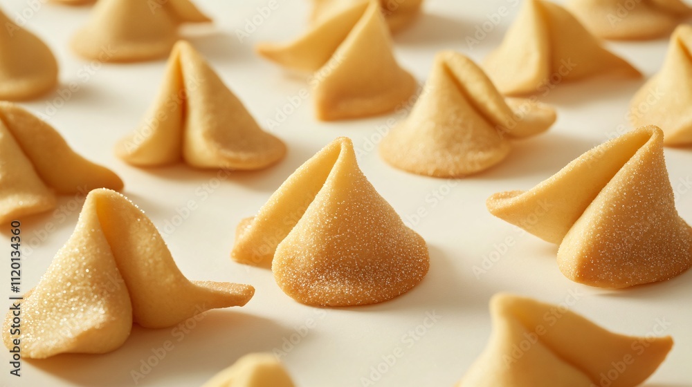 Isolated fortune cookies with golden hues, set against a soft cream background with subtle texture