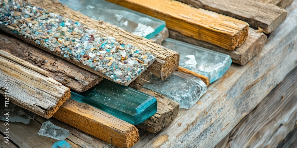 A close-up of eco-friendly building materials like reclaimed wood and recycled glass. A close-up of eco-friendly building materials like reclaimed wood and recycled glass.