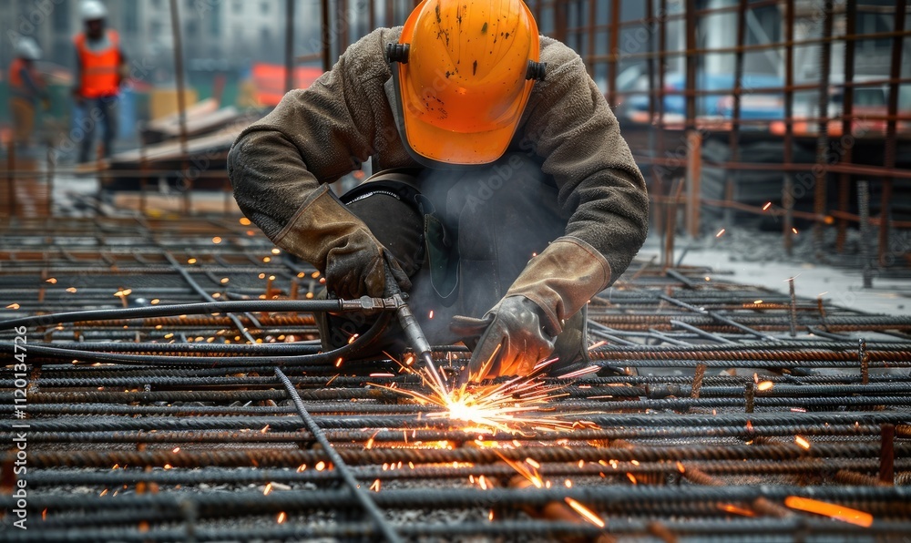 Industrious construction worker engaged in welding metal rebar, showcasing the gritty realities and expertise involved in the building of modern urban infrastructure