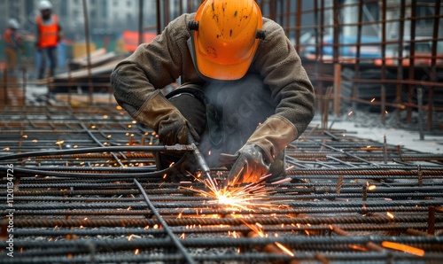 Obraz na płótnie Industrious construction worker engaged in welding metal rebar, showcasing the gritty realities and expertise involved in the building of modern urban infrastructure w salonie