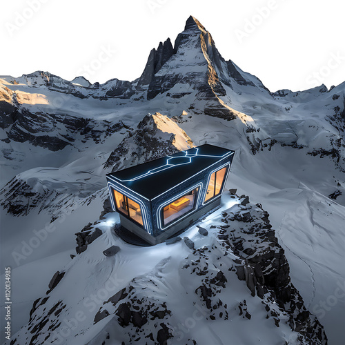 Drone view ofsleek modern cabin surrounded by snowcovered peaks and technologyinspired lighting isolated on white background cutout png design asset funny conceptGothic photo