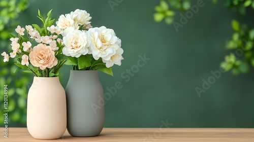 Wallpaper Mural Two elegant vases filled with pastel flowers against a soft green background, creating a serene and stylish home decor aesthetic. Torontodigital.ca