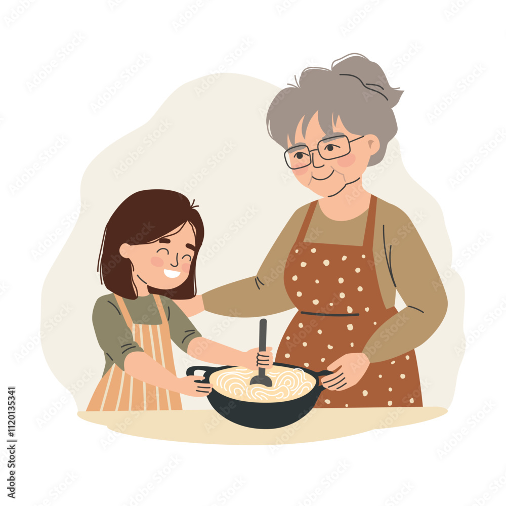 Grandmother teaches granddaughter to cook. Cooking with kids. Vector illustration isolated on white background. Grandmother teaches granddaughter to cook. Cooking with kids. Vector illustration isolated on white background.