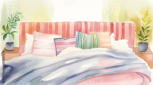 Watercolor bed with cozy pillows and striped bedspread, serene coziness