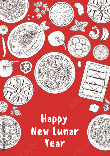 Foods of Chinese Lunar New Year frame. Hand drawn vector illustration. Chinese Food sketch. Holiday menu. Food design template.