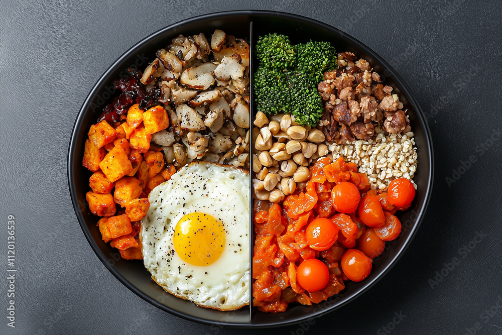 vibrant bowl of healthy food featuring sunny side up egg, roasted sweet potatoes, sauteed mushrooms, broccoli, ground meat, and cherry tomatoes. This colorful meal is perfect for nutritious