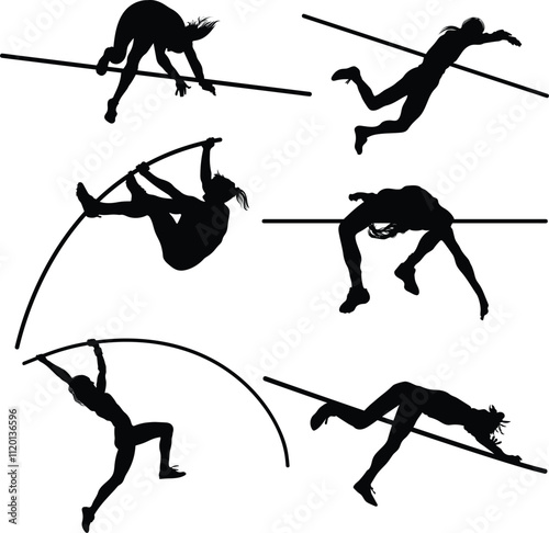 Vector Set Of Pole vault athlete Silhouettes Illustration Isolated On White Background