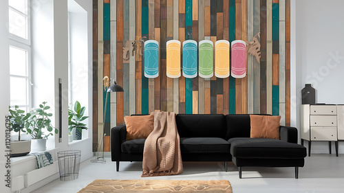 interior design mockup Boho minimalist style interior design of modern living room Black velvet sofa with brown pillows near old barn wood paneling wall Tech Brights Cyan magenta bright yellow jet bl photo