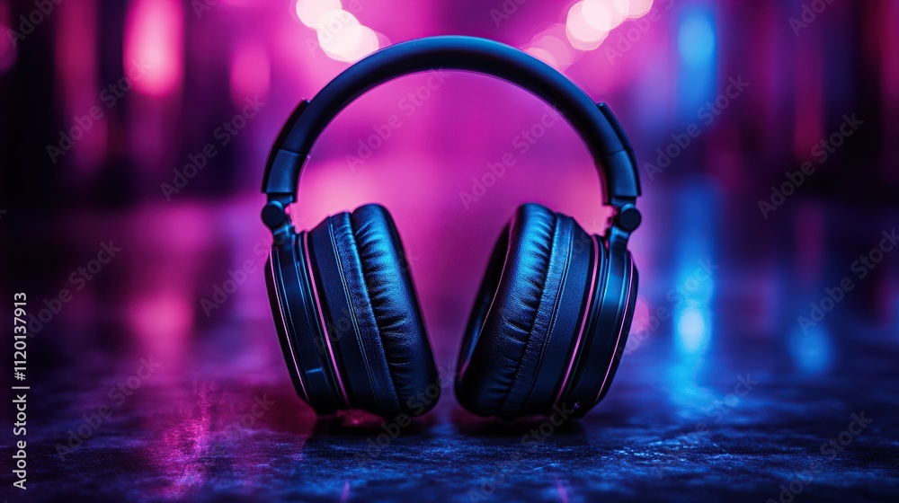 A pair of stylish headphones on a reflective surface with vibrant lighting. A pair of stylish headphones on a reflective surface with vibrant lighting.
