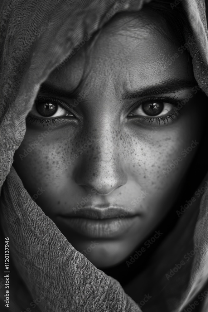 Intense gaze of young female wrapped in fabric Intense gaze of young female wrapped in fabric