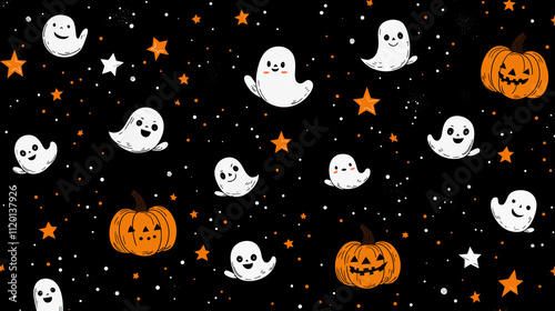 Cute Halloween Pattern with Ghosts and Pumpkins. Spooky, Festive, and Cartoonish.