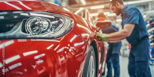 A close-up of workers inspecting a newly assembled car in a manufacturing facility, highlighting craftsmanship and quality assurance.