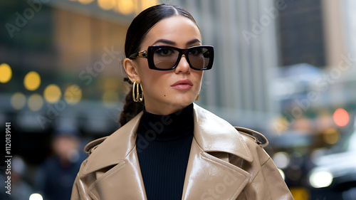 Chic New York Style A closeup of a woman in a highfashion outfit with a sleek coat and sophisticated makeup capturing the essence of New York street style Photography copyspace glossy effect