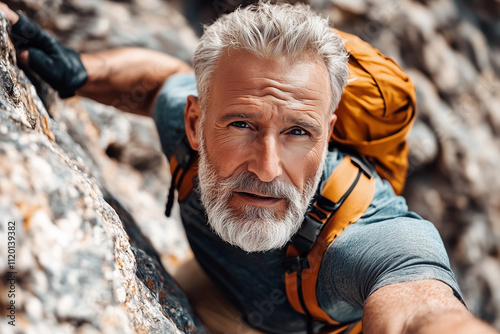 an old man with gray hair and a beard who goes mountain climbing