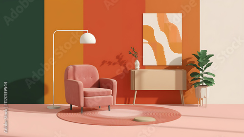 interior design mockup Minimalist interior design of modern living room Stylish modern room featuring a pink armchair abstract orange wall art and minimalist decor with natural light Autumn Hues Rust