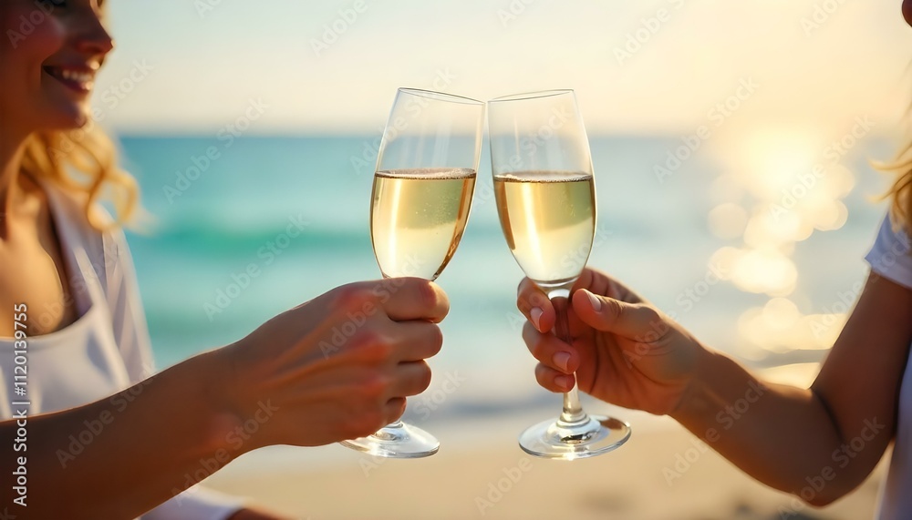 Brindis con copas de champán en celebración de éxito en equipo empresarial en la playa Brindis con copas de champán en celebración de éxito en equipo empresarial en la playa