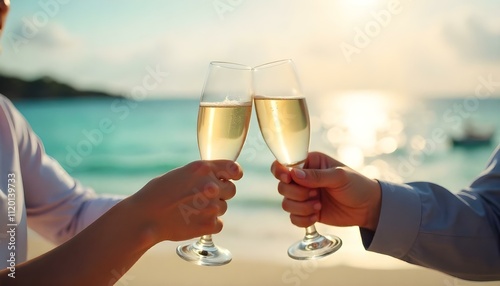 Brindis con copas de champán en celebración de éxito en equipo empresarial en la playa photo