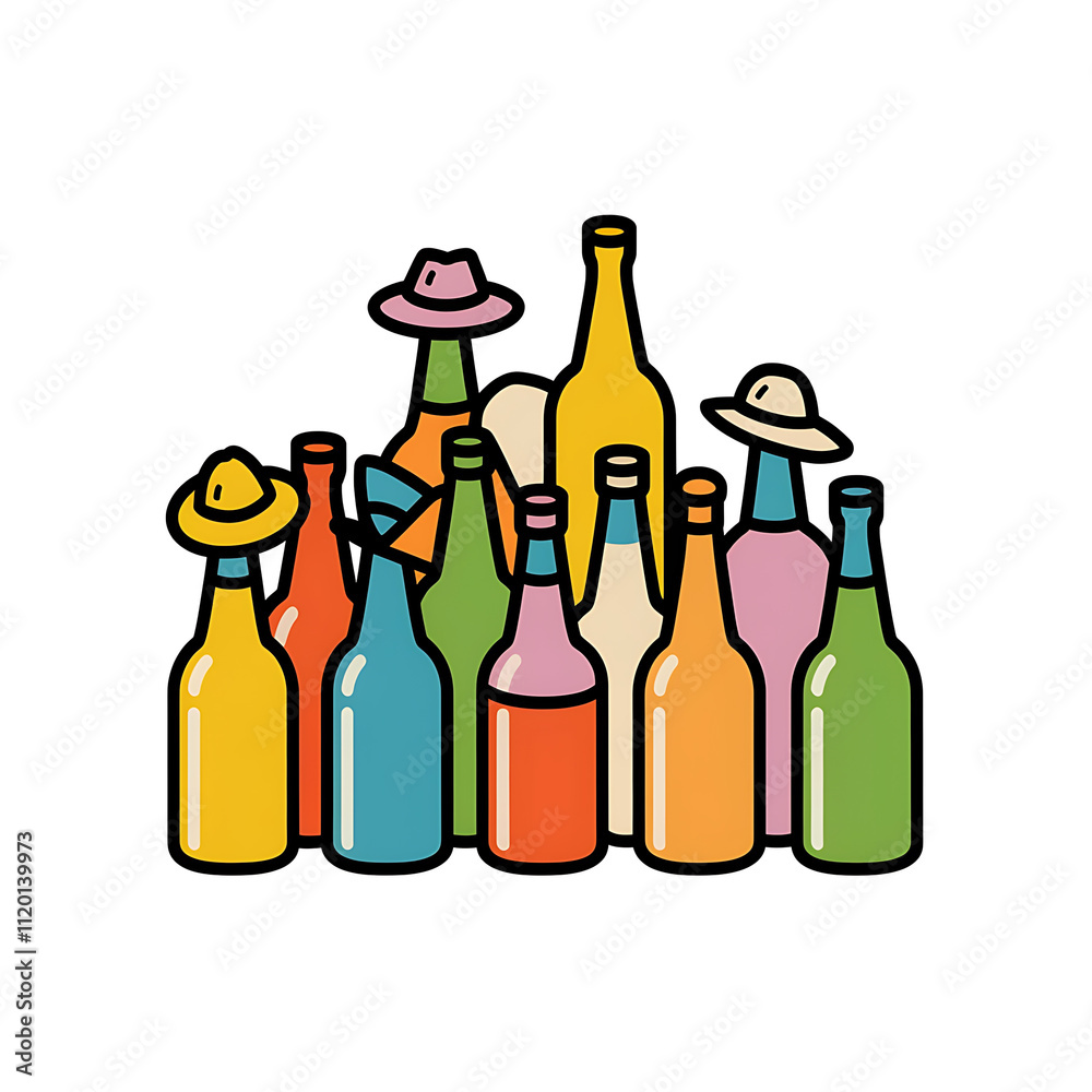 collection of brightly colored bottles each wearingtiny mismatched hat inbottletastic heap isolated on white background cutout png design asset funny conceptLine Art collection of brightly colored bottles each wearingtiny mismatched hat inbottletastic heap isolated on white background cutout png design asset funny conceptLine Art