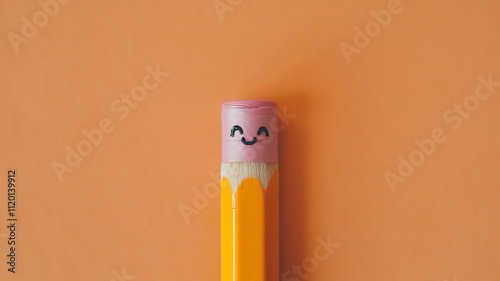 Smiling Pencil: A tiny pencil with a cute smile drawn on the eraser, placed on a solid-colored background. | Photography copyspace , glossy effect --ar 3:2 photo