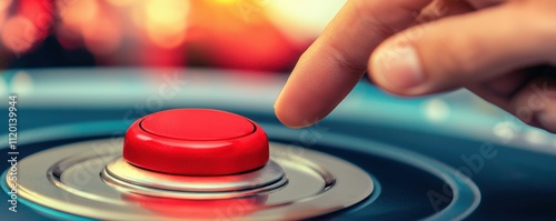 Hand pressing red button. A close-up of a hand poised to press a bright red button, symbolizing urgency or decision-making in a dynamic setting.