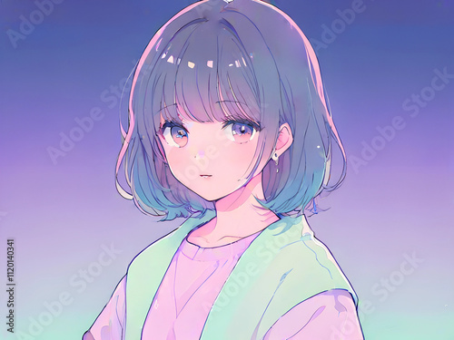 girl in an anime stele in a kara haircut on a lilac azure blue gradient background AI generated